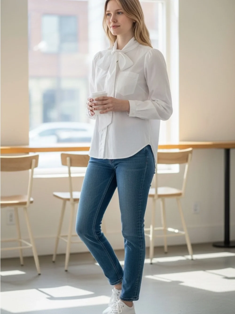 White Tie-Neck Button-Up Shirt